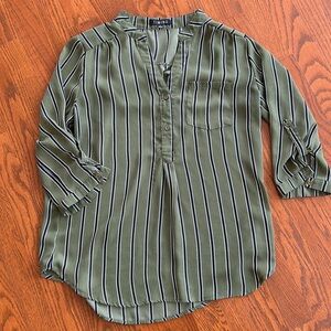 Olive green, with black & white vertical stripes, 3/4 sleeve blouse